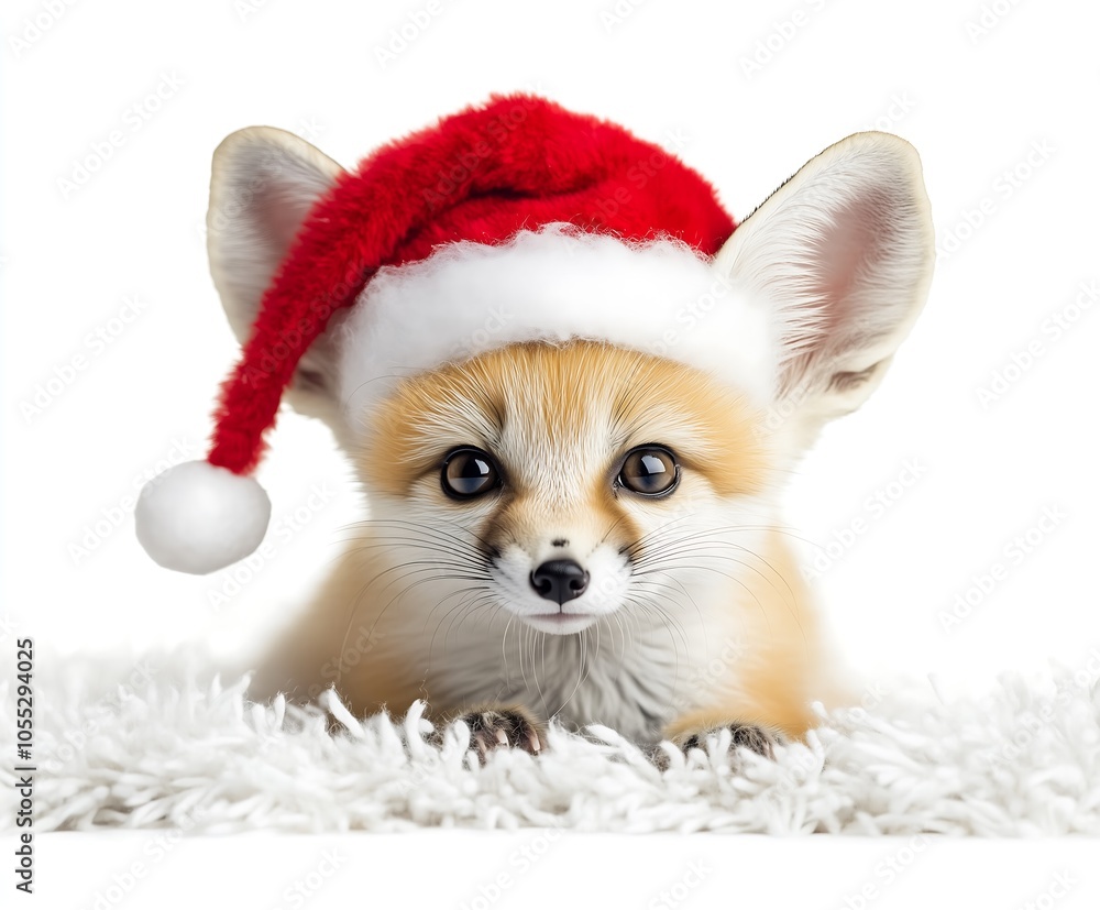 Adorable fennec fox wearing a festive Santa hat on a white fluffy background. Adorable fennec fox wearing a festive Santa hat on a white fluffy background.
