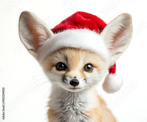 Adorable fennec fox wearing a festive Santa hat against a plain white background.
