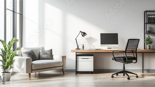 Sleek office interior with a comfortable work desk, chair and sofa near a white wall