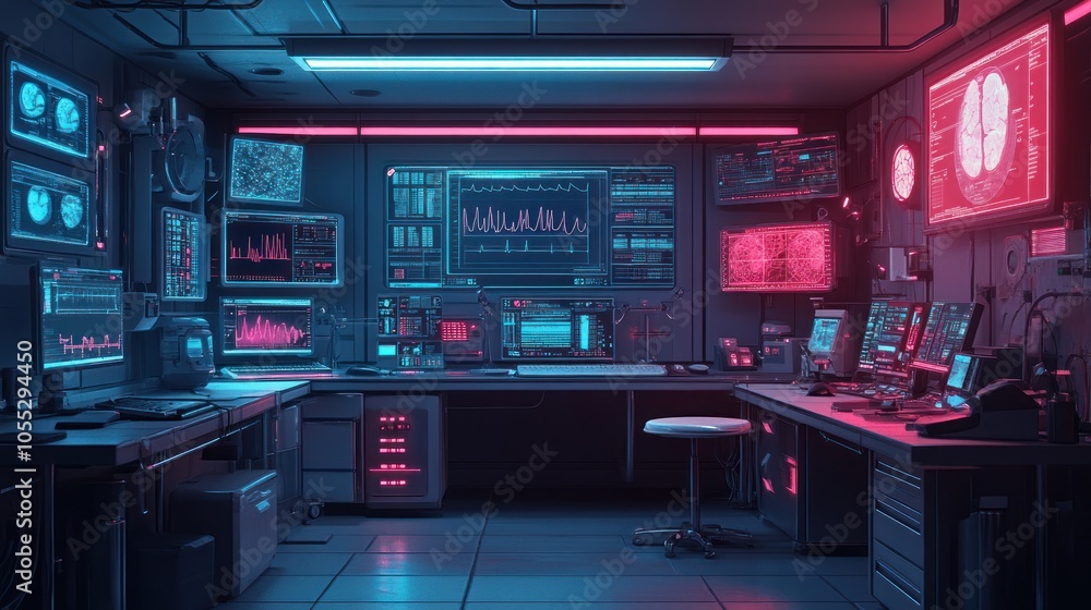 A futuristic laboratory with neon lights and numerous computer monitors displaying data and graphs. A futuristic laboratory with neon lights and numerous computer monitors displaying data and graphs.