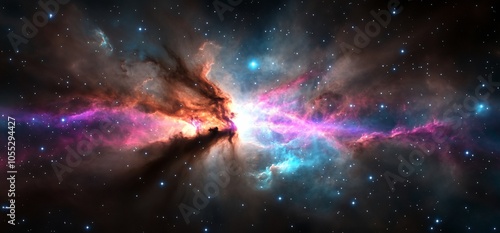 A vibrant nebula in a cosmic expanse, showcasing a dazzling array of colors and swirling gas.