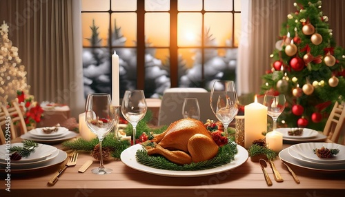 Festive Christmas dinner setting. Seasonal holiday dining background. Seasonal food decorated plate and cutlery. Overhead shot