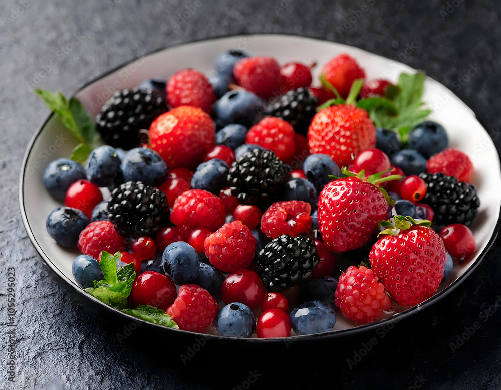 close up strawberry blueberry and raspberry in a bowl, black background. no people. close up strawberry blueberry and raspberry in a bowl, black background. no people.