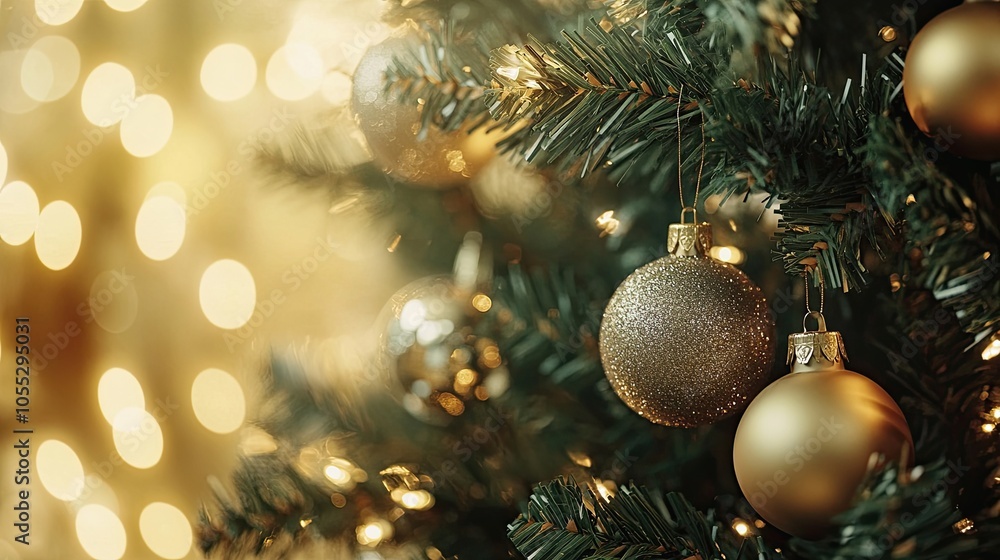 A close-up of the Christmas tree with lights and ornaments against a blurred background of sparkling bokeh lights. Christmas and New Year background, banner, poster, wallpaper. A close-up of the Christmas tree with lights and ornaments against a blurred background of sparkling bokeh lights. Christmas and New Year background, banner, poster, wallpaper.