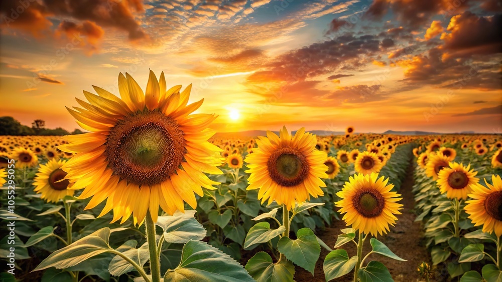 Fototapeta premium Sunflower field at sunset with tall plants and vibrant yellow blooms against a warm orange sky, fields, flowers in field, farm