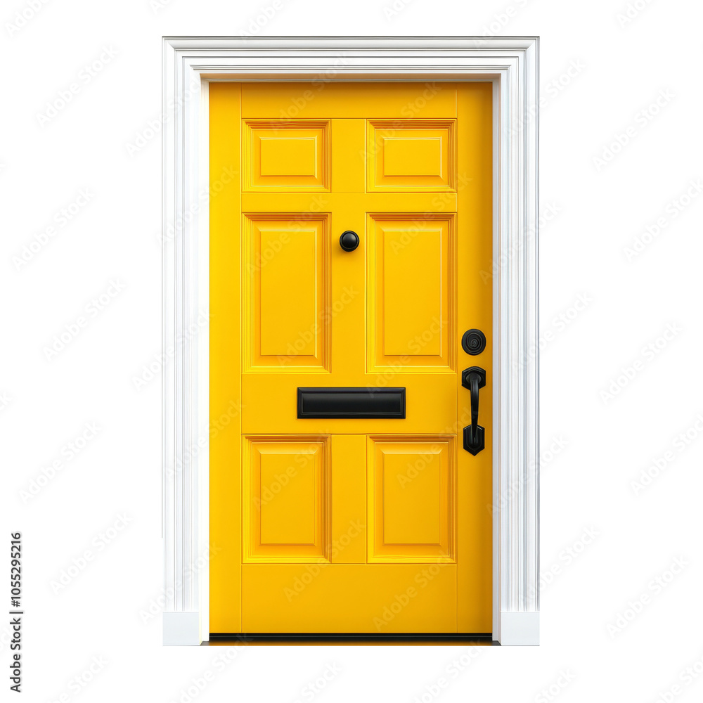 Bright yellow door with classic design and white trim, isolated on transparent background. Bright yellow door with classic design and white trim, isolated on transparent background.