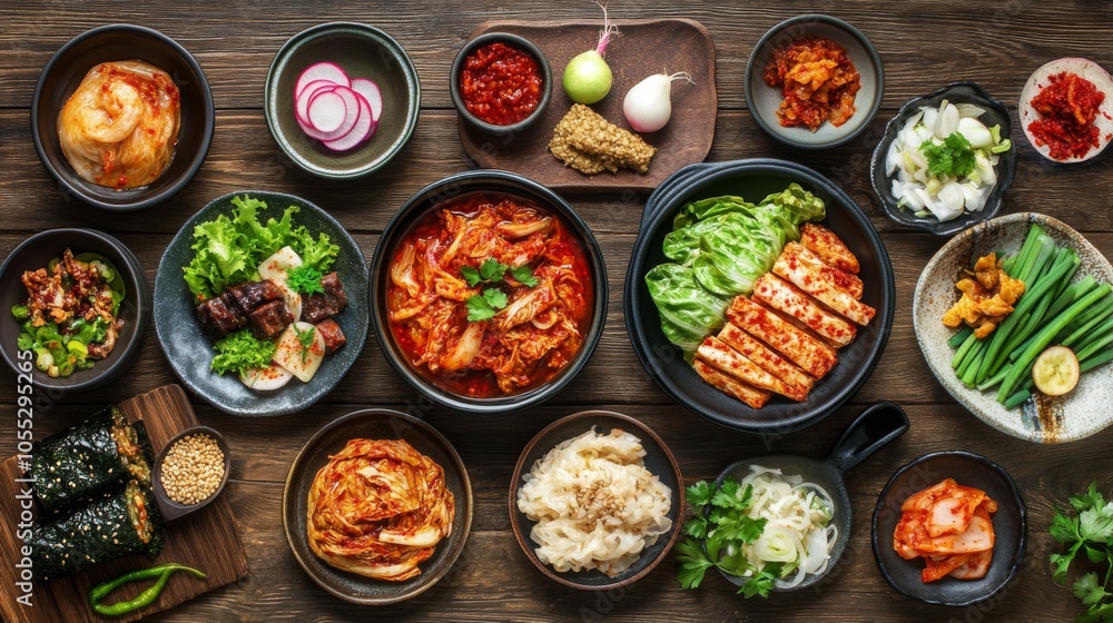 Delicious Kimchi Side Dishes on Traditional Table Delicious Kimchi Side Dishes on Traditional Table