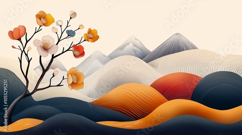 Colorful, flowing hills and stylized mountains create a serene landscape, complemented by a blossoming tree, offering a tranquil and artistic atmosphere