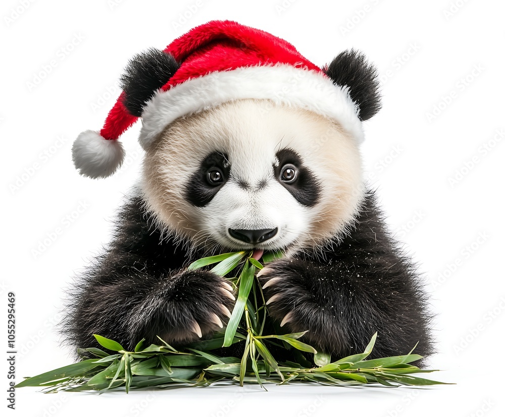 Adorable panda wearing a Santa hat munching on bamboo. Adorable panda wearing a Santa hat munching on bamboo.