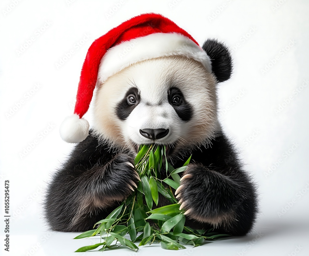 Cute panda wearing a Santa hat enjoys a bamboo snack. Cute panda wearing a Santa hat enjoys a bamboo snack.