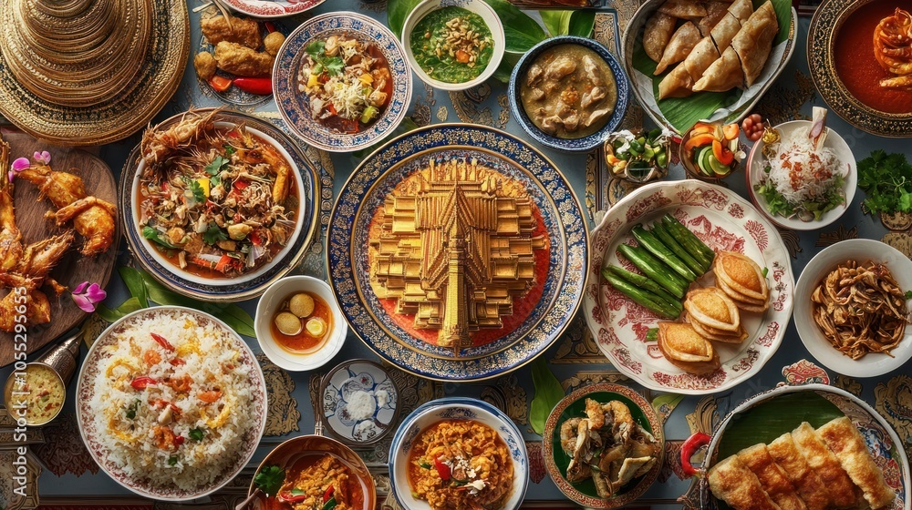 An image combining Wat Phra Kaew and Bangkok street scenes with Thai food. Clean, simple Thai patterns bring elegance to this minimalistic collage, highlighting Thailand's essence.