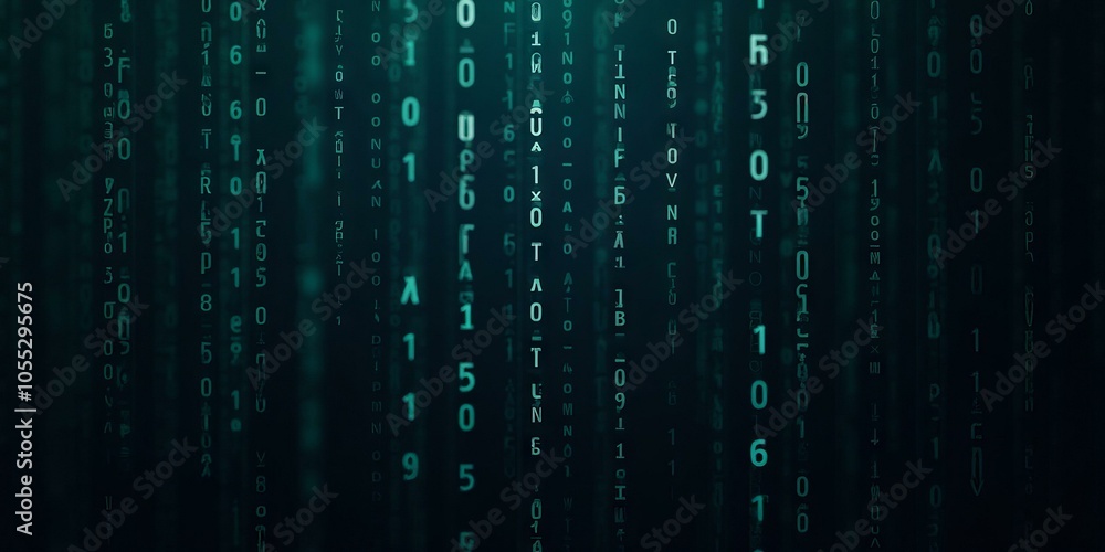 Binary Code In Teal And Green, Vertically Aligned Against A Dark Gradient Background, Evoking A Cybernetic Atmosphere Binary Code In Teal And Green, Vertically Aligned Against A Dark Gradient Background, Evoking A Cybernetic Atmosphere
