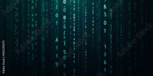 Binary Code In Teal And Green, Vertically Aligned Against A Dark Gradient Background, Evoking A Cybernetic Atmosphere