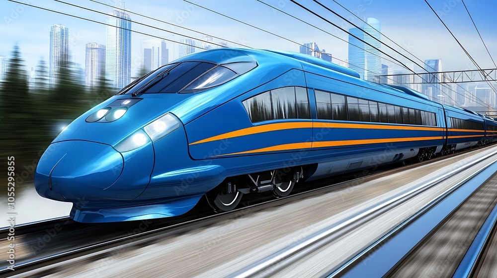 Fototapeta premium A sleek, highspeed bullet train speeding along futuristic tracks, with a futuristic city skyline in the background and advanced technology visible in the design of the train.