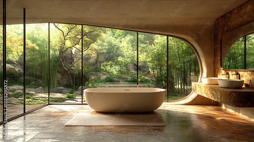 Modern bathroom with large window overlooking lush green garden. Modern bathroom with large window overlooking lush green garden.