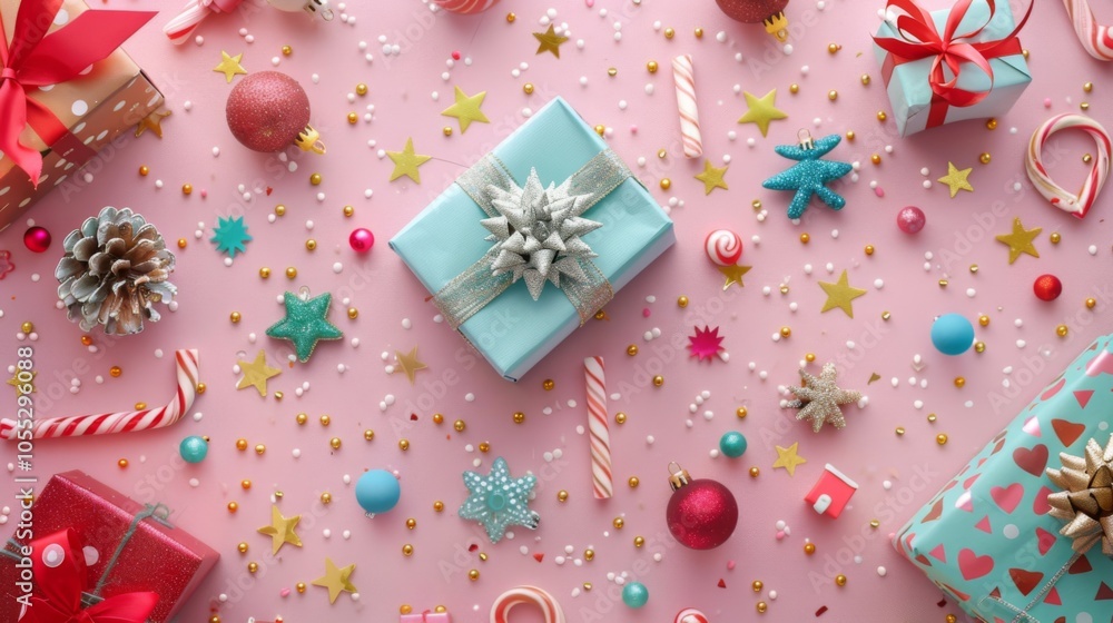 A vibrant holiday-themed arrangement featuring pastel gift boxes, festive ornaments, candy canes, and stars on a pink background, evoking joy and celebration spirit. A vibrant holiday-themed arrangement featuring pastel gift boxes, festive ornaments, candy canes, and stars on a pink background, evoking joy and celebration spirit.