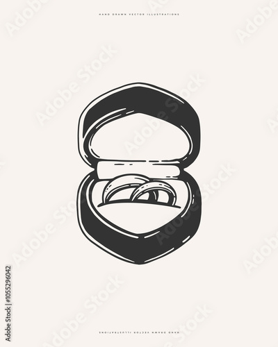 Hand-drawn illustration of an open ring box with two wedding bands inside. Minimalistic, vintage style, ideal for romantic, wedding, or engagement themes.