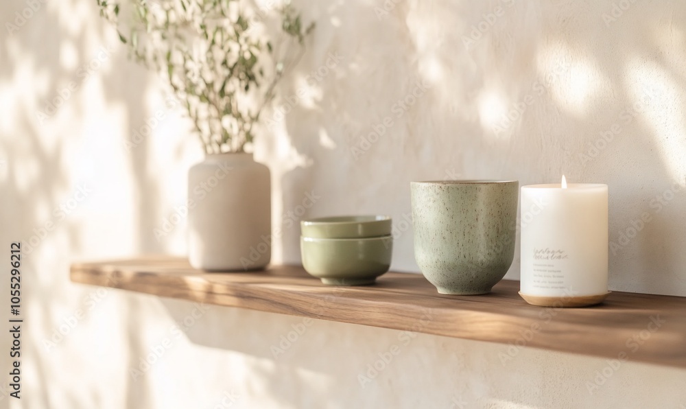 A wooden shelf with a green bowl, a candle, and a vase with greenery on a white wall. A wooden shelf with a green bowl, a candle, and a vase with greenery on a white wall.