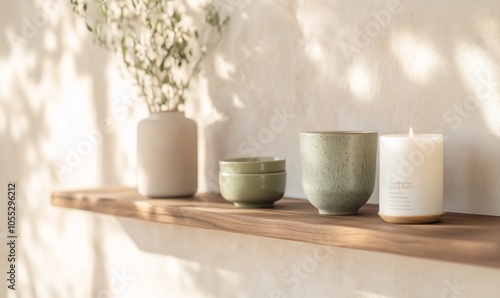 A wooden shelf with a green bowl, a candle, and a vase with greenery on a white wall.