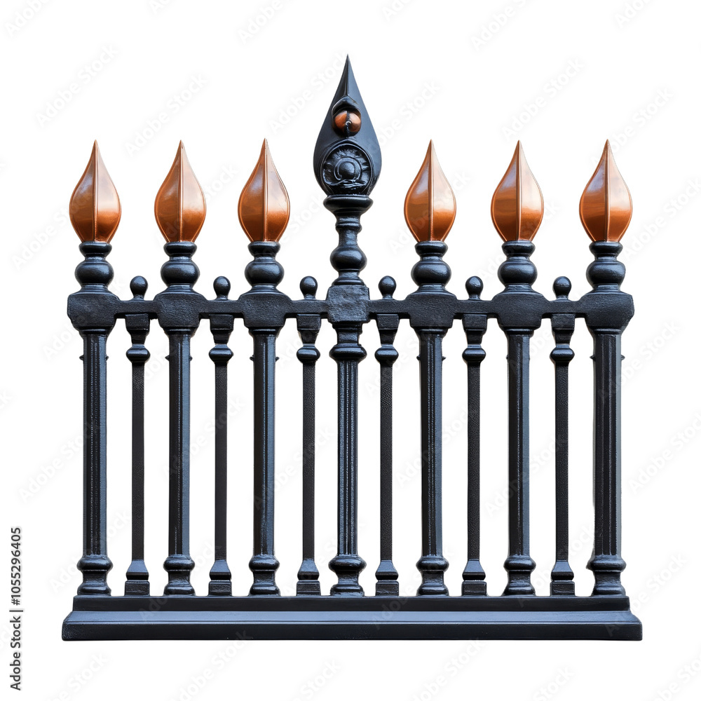 Ornate metal fence design with decorative tops, on transparent background. Ornate metal fence design with decorative tops, on transparent background.