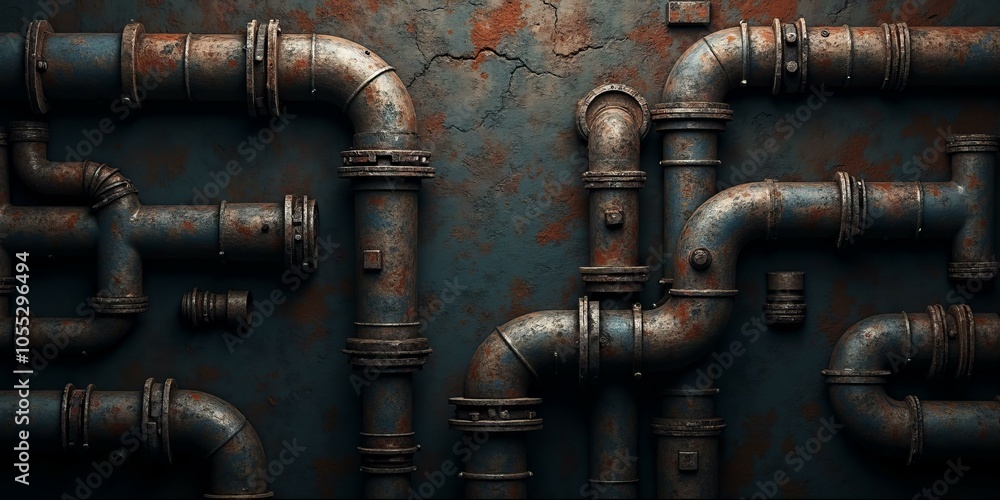 Background Of Rusted Industrial Pipes On Weathered Wall Background Of Rusted Industrial Pipes On Weathered Wall