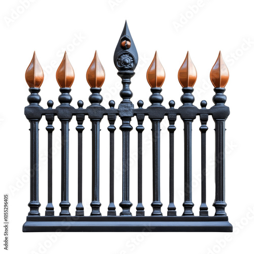Ornate metal fence design with decorative tops, on transparent background.