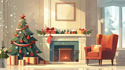 A warm and inviting living room adorned with a Christmas tree, packed presents, cozy armchair, and a festive fireplace, capturing the essence of holiday cheer.