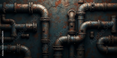 Background Of Rusted Industrial Pipes On Weathered Wall