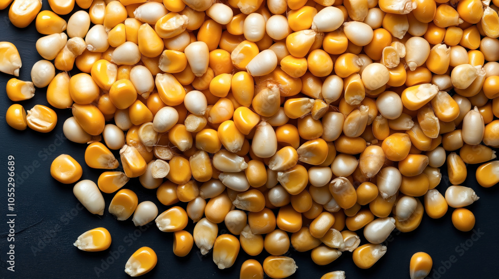 Close-up of a pile of yellow and white popcorn kernels on a dark black surface, showcasing their shiny and smooth texture. Close-up of a pile of yellow and white popcorn kernels on a dark black surface, showcasing their shiny and smooth texture.