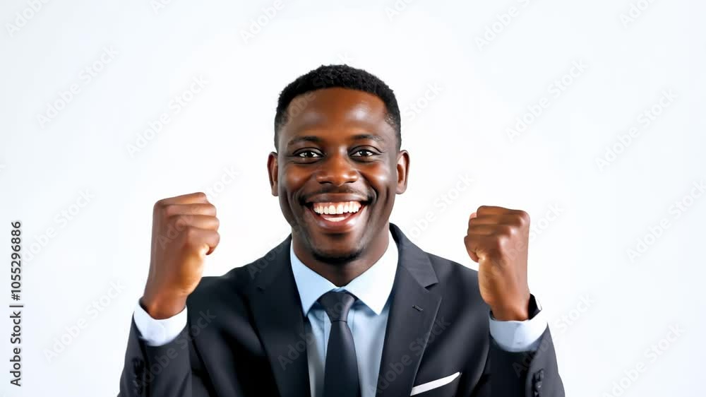 Close Up Isolated Black African American Business Man Happy Cheering Smiling on White Background - Success Concept