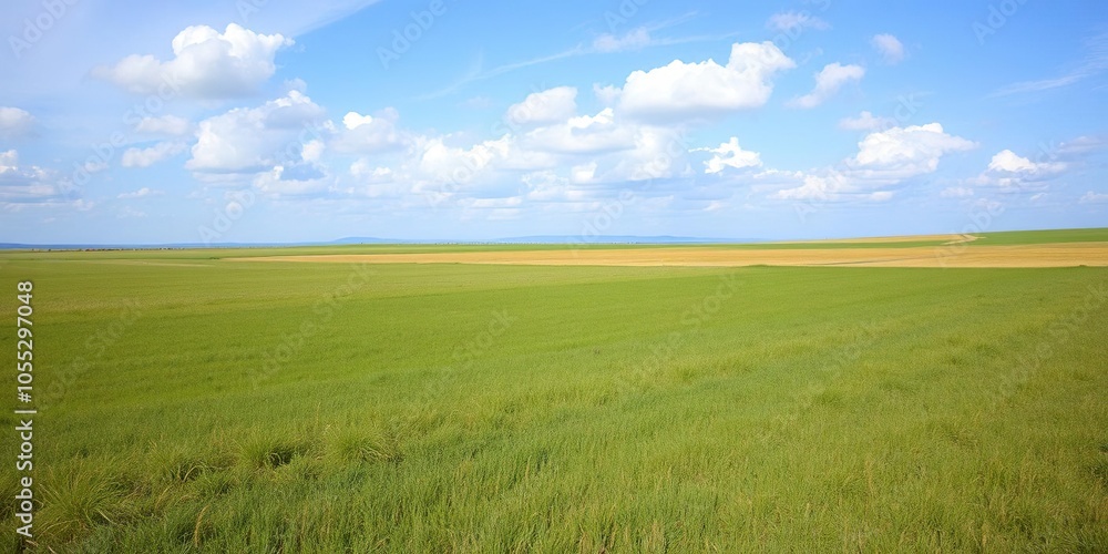 Vast green field reaching towards the endless horizon under a clear blue sky with fluffy white clouds, scenic, landscape Vast green field reaching towards the endless horizon under a clear blue sky with fluffy white clouds, scenic, landscape
