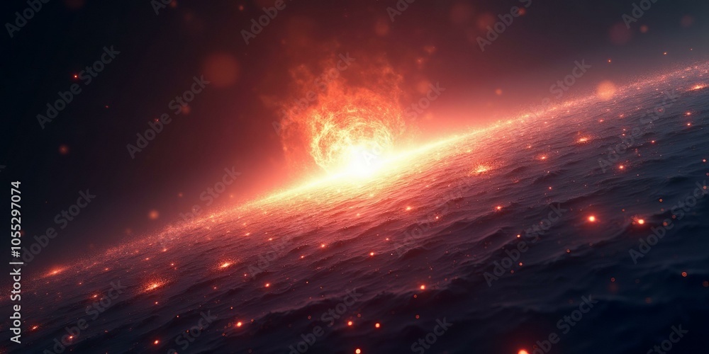 Background Of Fiery Sun Emerging From Dark Starry Space With Glowing Wave-Like Planet Surface Background Of Fiery Sun Emerging From Dark Starry Space With Glowing Wave-Like Planet Surface