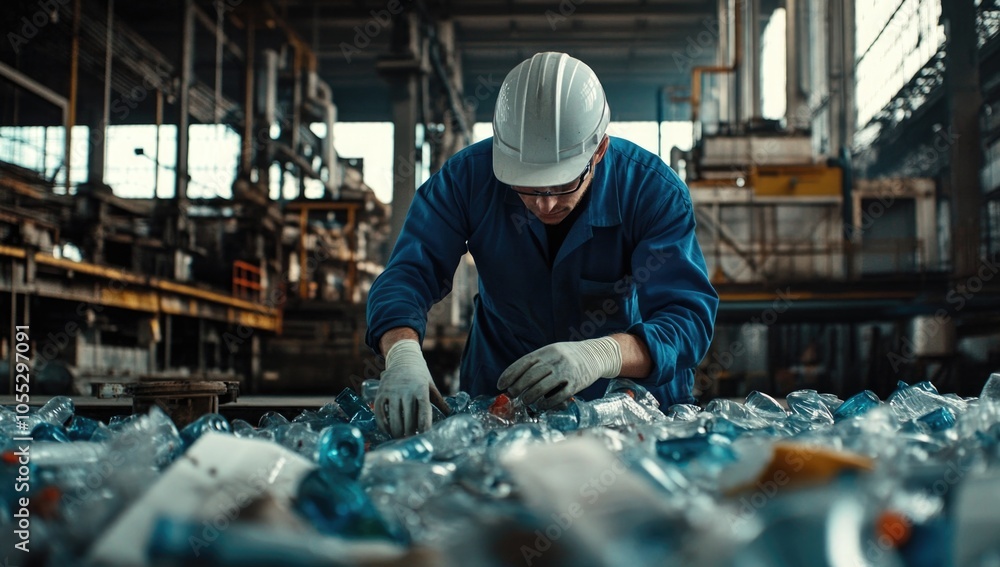 Man sorts garbage plastic. Taking care of the environment. Waste recycling plant or garbage factory. Conveyor belt, trash moving along the line. Male have a eco-friendly work Man sorts garbage plastic. Taking care of the environment. Waste recycling plant or garbage factory. Conveyor belt, trash moving along the line. Male have a eco-friendly work
