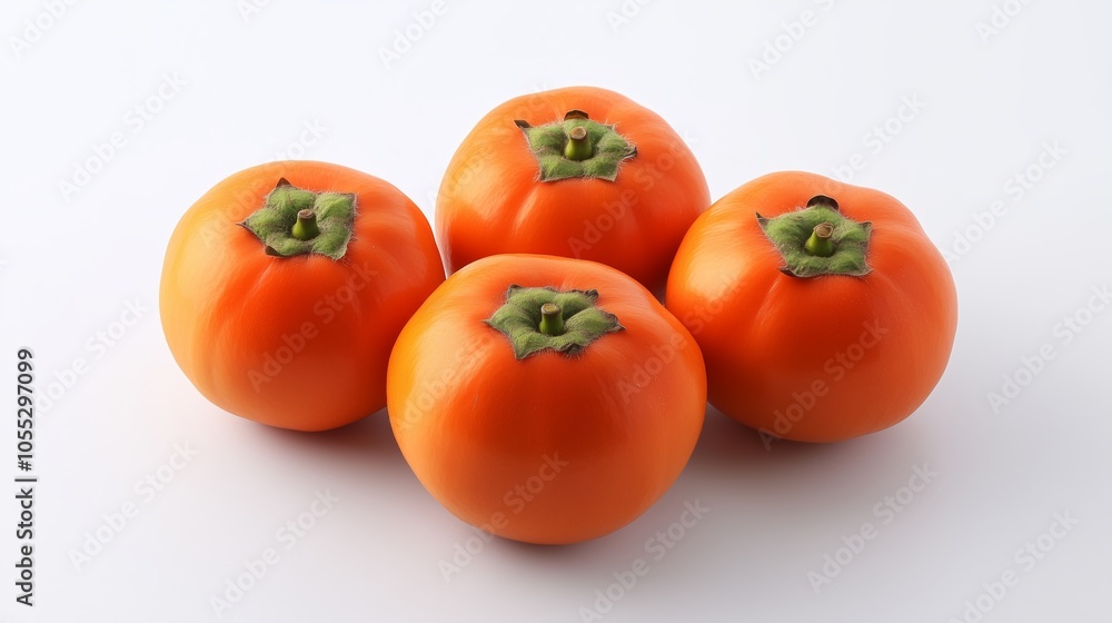 Fresh, ripe persimmons arranged neatly on a white background, showcasing their vibrant orange color and firm texture Fresh, ripe persimmons arranged neatly on a white background, showcasing their vibrant orange color and firm texture