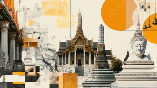 A refined collage mixing Wat Phra Kaew, Hua Lamphong, and Thai dishes with contemporary Thai patterns. Clean lines and simplicity add elegance to this Bangkok-inspired image.