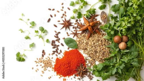 Fototapeta Naklejka Na Ścianę i Meble -  Various vibrant and aromatic fresh herbs and spices neatly arranged on a clean white background, ingredient, green, fresh