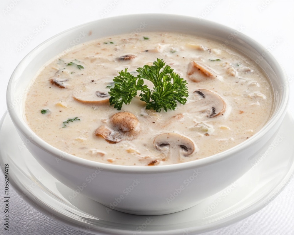 Creamy mushroom soup served in a bowl, garnished with herbs, creating a warm and comforting meal scene Creamy mushroom soup served in a bowl, garnished with herbs, creating a warm and comforting meal scene