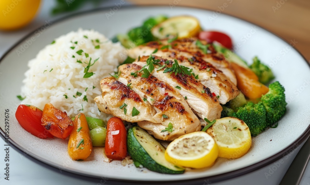Lemon chicken with vegetables and steamed rice, healthy asian food concept. Lemon chicken with vegetables and steamed rice, healthy asian food concept.