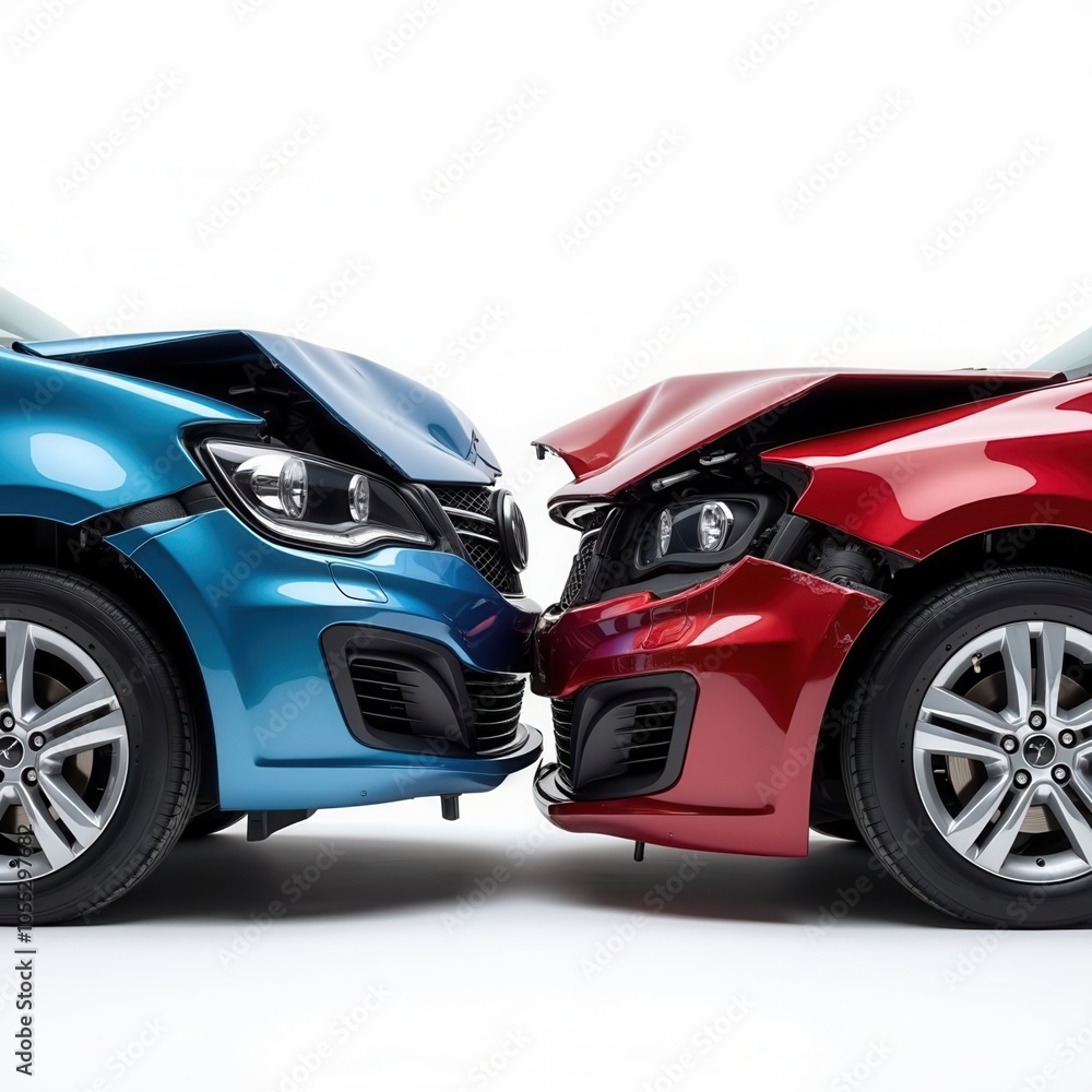 Naklejka premium Nose-to-Nose View of Two Collided Cars – Illustrating the Impact of Head-On Collision-Tascha