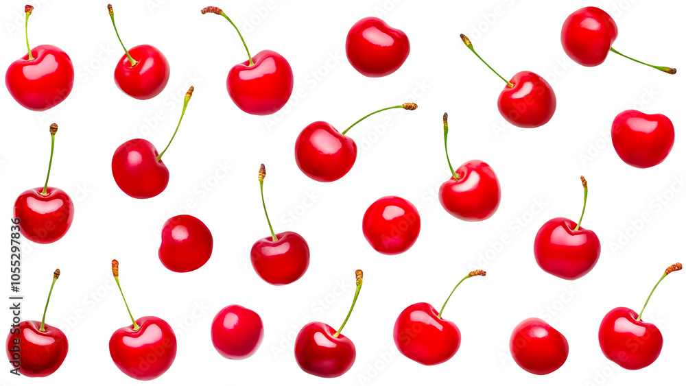 Fresh Red Cherries with Stems Pattern Isolated on Transparent Background Fresh Red Cherries with Stems Pattern Isolated on Transparent Background