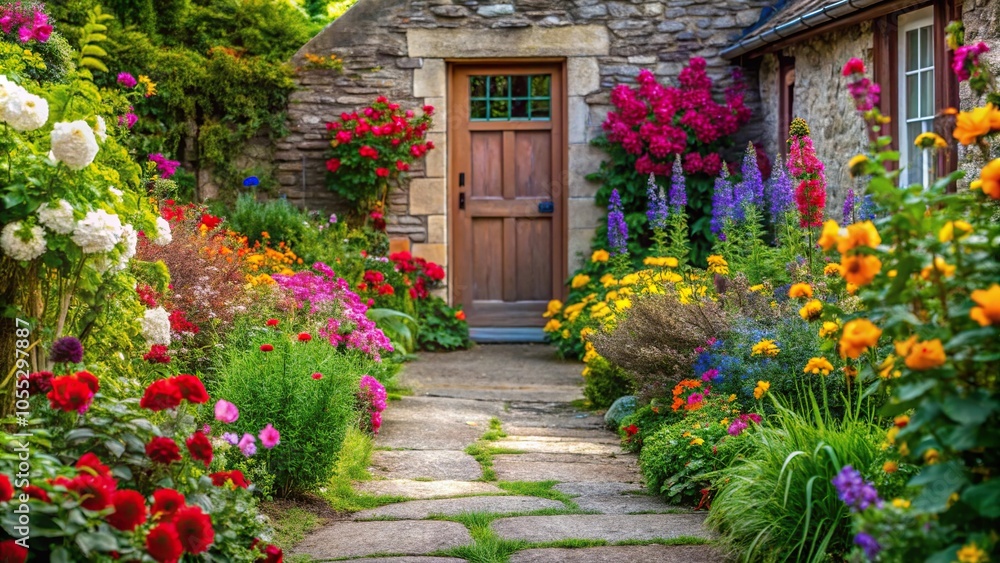 Vibrant flowers along a stone path leading to a cottage door, garden path, cottage