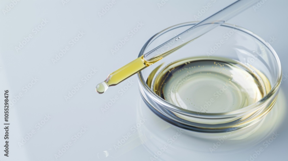 A pipette containing yellow oil is poised above a glass dish, symbolizing science, chemistry, and precision on a clean, white backdrop, evoking a modern laboratory setting. A pipette containing yellow oil is poised above a glass dish, symbolizing science, chemistry, and precision on a clean, white backdrop, evoking a modern laboratory setting.
