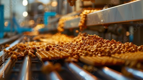 This image shows a busy automated conveyor belt system in a factory producing confectionery, highlighting the dynamic process and abundance of sweet treats.