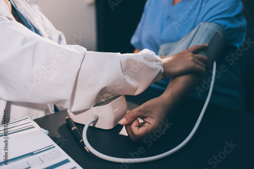 Wallpaper Mural A doctor taking a patient's blood pressure. The patient's arm is equipped with a blood pressure cuff, and the doctor is using a blood pressure monitor. Torontodigital.ca