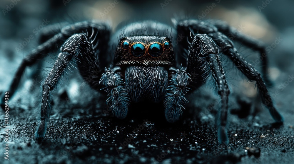 A close-up shot of a black jumping spider with bright blue eyes. The spider is in focus, and the background is blurred.