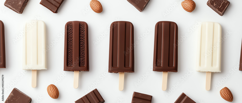 Delicious assortment of chocolate and vanilla ice cream popsicles on a white background, perfect for summer treats and desserts.
