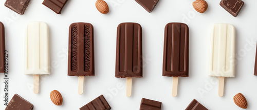 Obraz na płótnie Delicious assortment of chocolate and vanilla ice cream popsicles on a white background, perfect for summer treats and desserts. w salonie