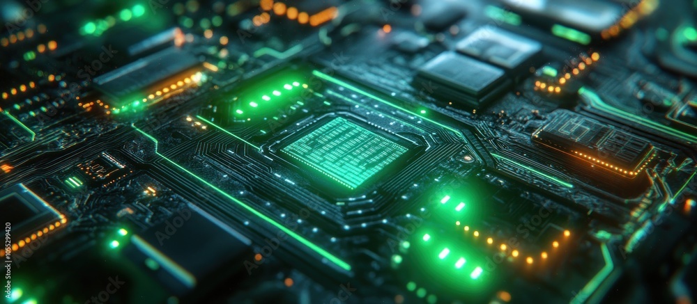 Close-up of a circuit board with a CPU in the center, illuminated with green and orange lights. Close-up of a circuit board with a CPU in the center, illuminated with green and orange lights.