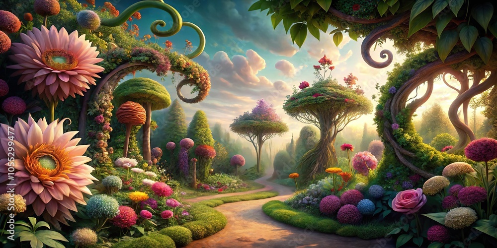 Fototapeta premium Whimsical and fantastical garden with oversized flowers and twisting vines, colorful blooms, fantastical garden