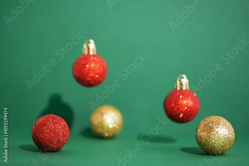 Green scene with sparkling red and golden ornaments. Christmas premium podium for advertising and presentation your product. Showcase, display case.